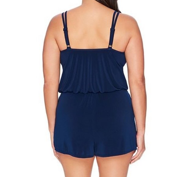 Great Lengths Blouson Romper Swimsuit Tummy Control Long Torso Navy Blue Size 20 - Picture 2 of 9